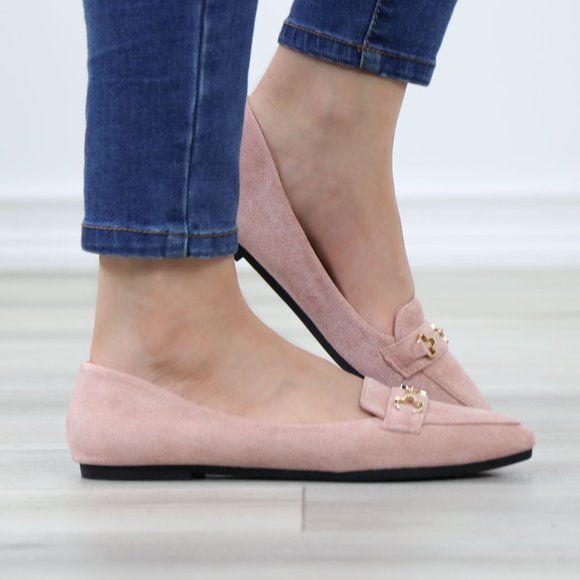 Pink Faux Suede Pointed Toe No Heel Flat Loafers Shoe Gold Accent Decor Slip On - Picture 5 of 14
